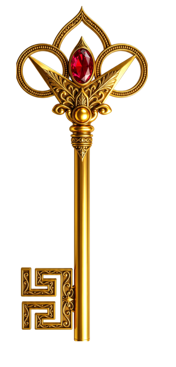 Ornate golden key with a ruby center